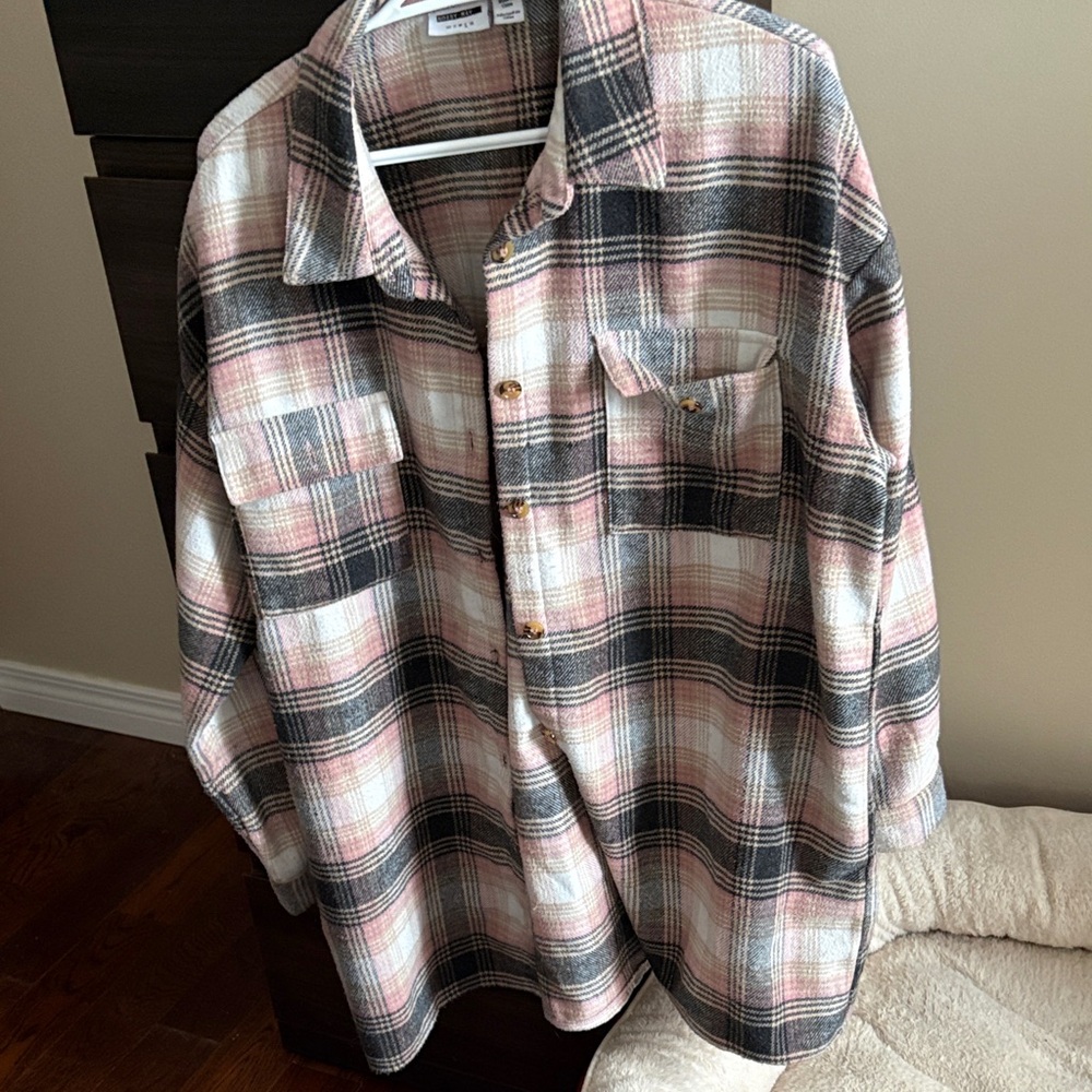 Woman’s Pink and Black Plaid Button-Up Shirt Jacket